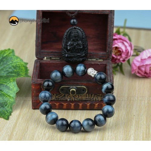 Vòng Tay Đá Mắt Hổ Xanh Đen 2A_12 Mix Charm Phật Bạc 999 - Mixi