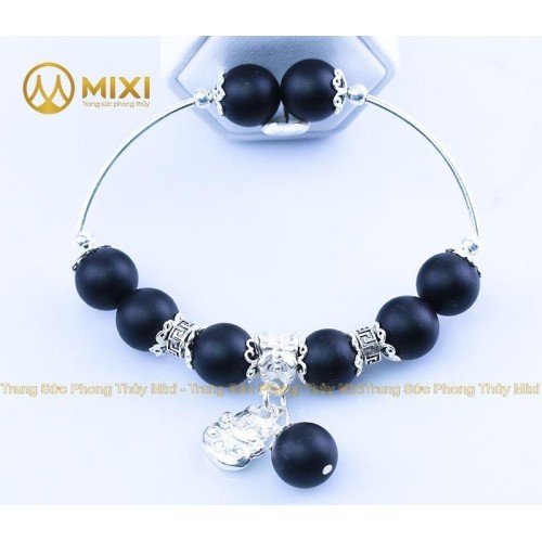 VT Đá Núi Lửa Obsidian Nhám_10 Mix Charm Mèo Thần Tài Treo Bạc 999_BMTT01_M - Mixi