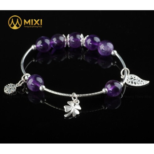 VT Đá Thạch Anh Tím 2A_10 Mix Charm Cỏ 4 Lá Bạc 999_BBL02_M