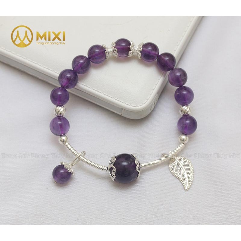 VT Đá Thạch Anh Tím 2A_8 Mix Charm Lá Treo Bạc 999_BLT03_M
